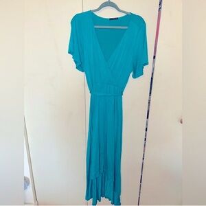 EUC West Kei Flutter Sleeve High/Low Midi Wrap Dress Sz Large Color Teal